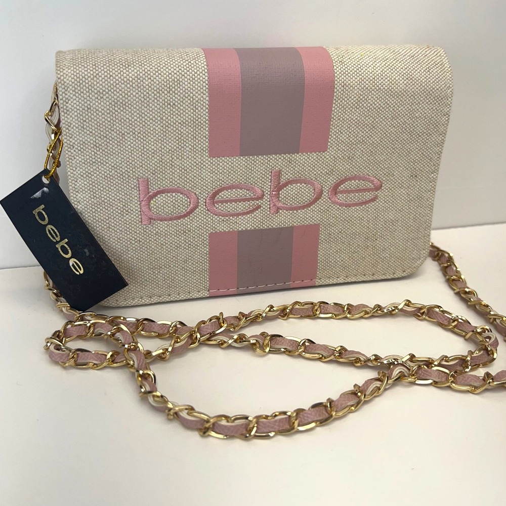 BEBE Crossbody Bag Canvas Bold Stripe Logo Chain Strap Pink Sporty Casual NWT
